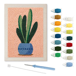 Snake Plant on Peach punch needle kit: finished canvas with threads, punch needle and threader