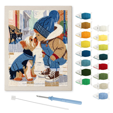 Snow Day Pals punch needle kit: finished canvas with threads, punch needle and threader