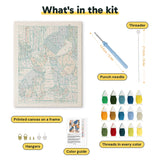 What is in the Snow Day Pals kit: printed canvas, punch needle, threader, threads, color guide and hangers