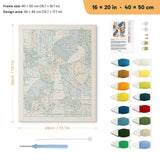 Snow Day Pals punch needle kit, 16 × 20 in (40 × 50 cm): canvas size and kit contents
