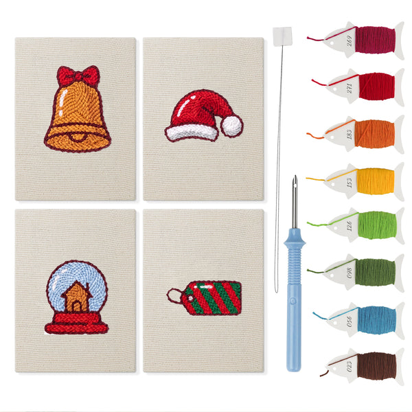 Snow Globe Christmas mini punch needle kit set: four finished canvases with threads, punch needle and threader