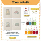 What is in the Snow Globe Christmas set: 4 printed canvases, punch needle, threader, threads, color guide and 4 sets of hangers (6 × 8 in (15 × 20 cm) each)