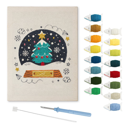 Snow Globe Tree punch needle kit: finished canvas with threads, punch needle and threader