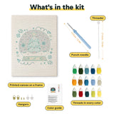 What is in the Snow Globe Tree kit: printed canvas, punch needle, threader, threads, color guide and hangers