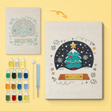 Snow Globe Tree canvas before and after punching, with the threads and tools