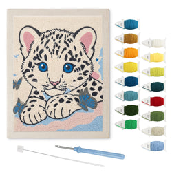 Snow Leopard Cub punch needle kit: finished canvas with threads, punch needle and threader