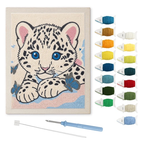 Snow Leopard Cub punch needle kit: finished canvas with threads, punch needle and threader