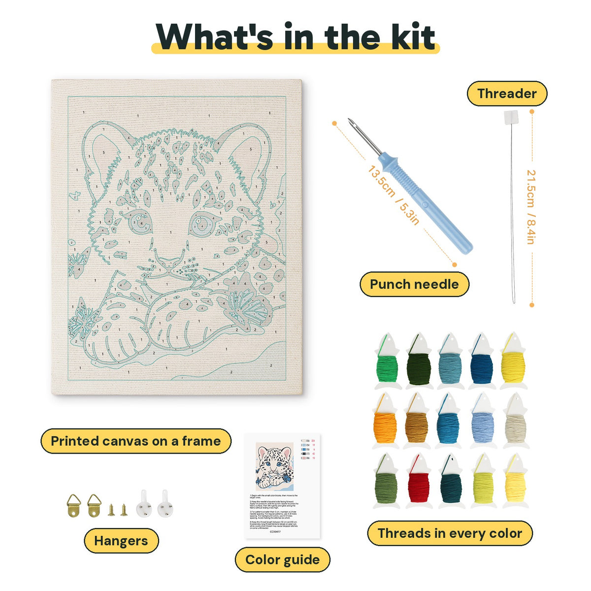 What is in the Snow Leopard Cub kit: printed canvas, punch needle, threader, threads, color guide and hangers