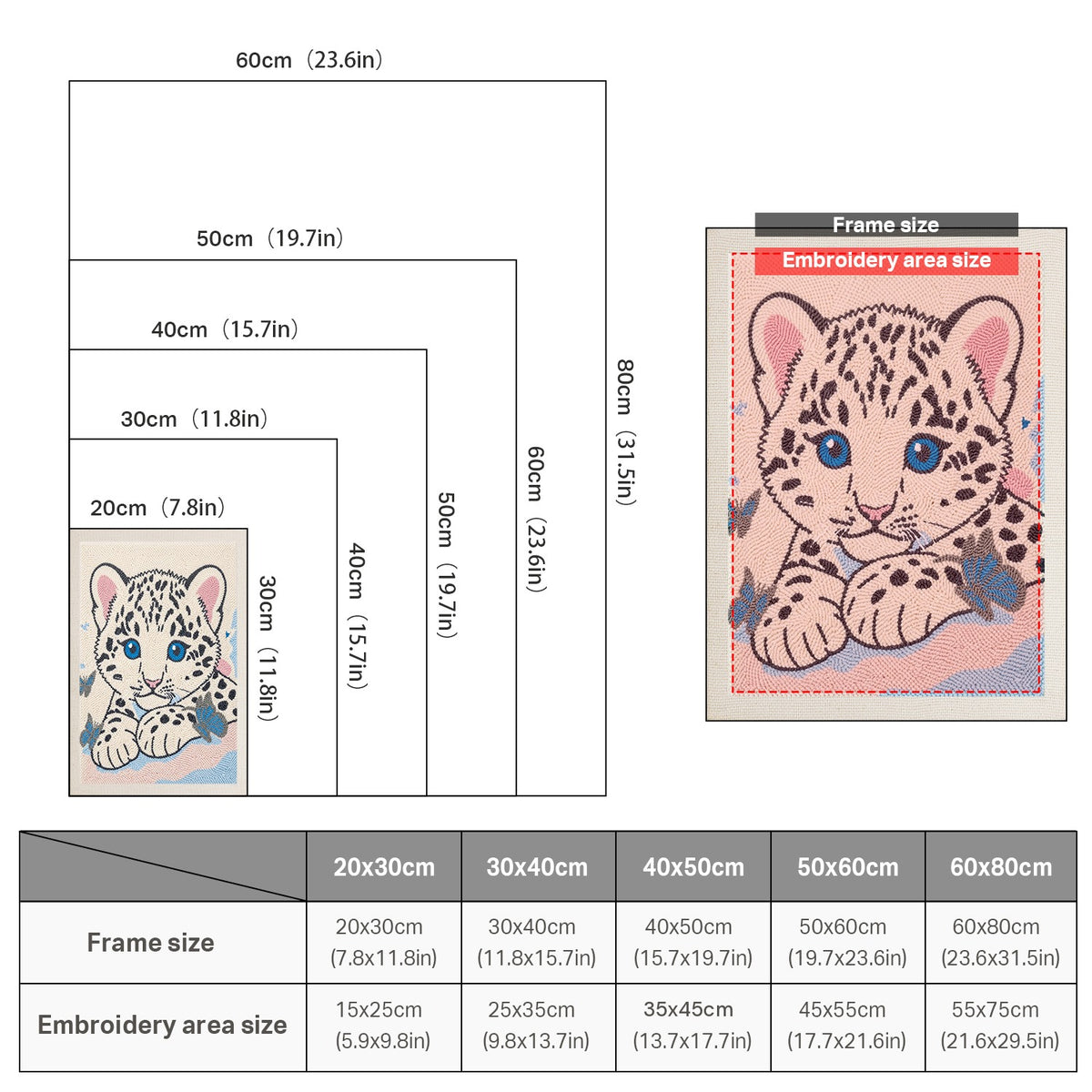 Size chart for punch needle kits from 20 x 30 cm to 60 x 80 cm