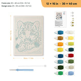 Snow Leopard Cub punch needle kit, 12 × 16 in (30 × 40 cm): canvas size and kit contents