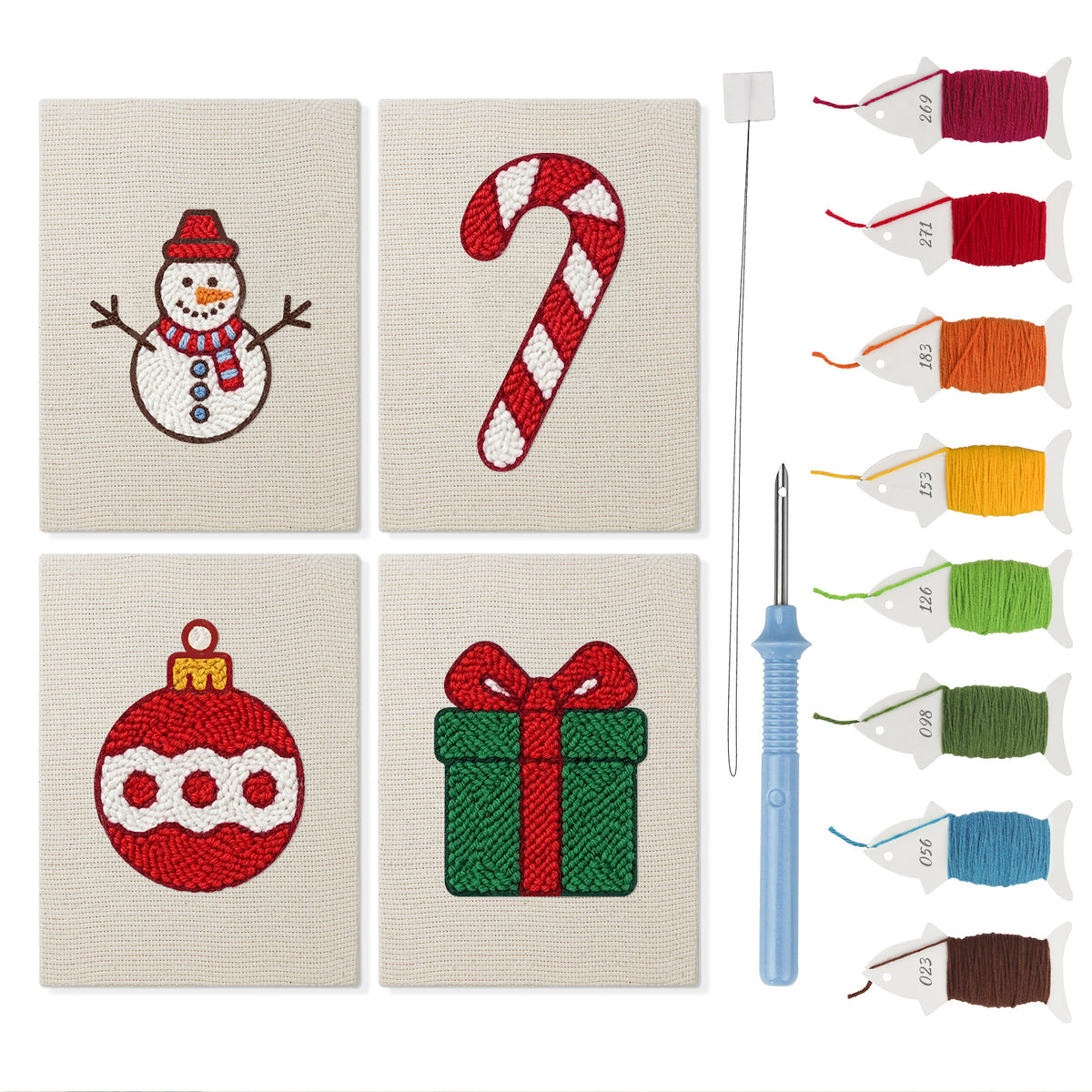 Snowman and Bauble mini punch needle kit set: four finished canvases with threads, punch needle and threader