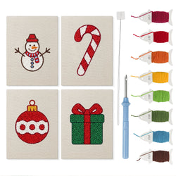 Snowman and Bauble mini punch needle kit set: four finished canvases with threads, punch needle and threader