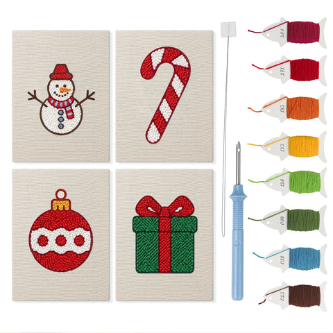 Snowman and Bauble mini punch needle kit set: four finished canvases with threads, punch needle and threader