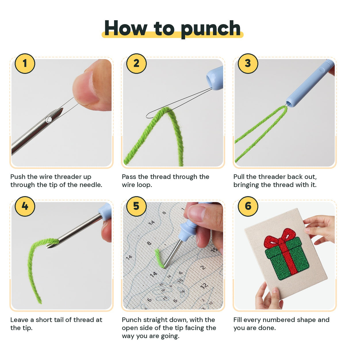 Six steps showing how to thread and use the punch needle