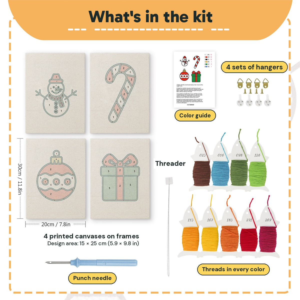 What is in the Snowman and Bauble set, 8 × 12 in (20 × 30 cm) each: 4 printed canvases, punch needle, threader, threads, color guide and 4 sets of hangers