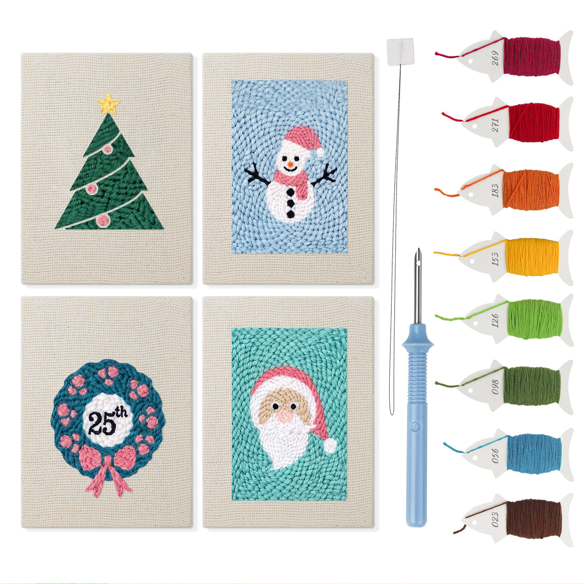 Snowman and Wreath mini punch needle kit set: four finished canvases with threads, punch needle and threader