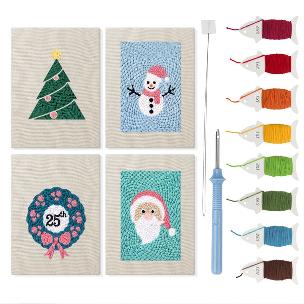 Snowman and Wreath mini punch needle kit set: four finished canvases with threads, punch needle and threader