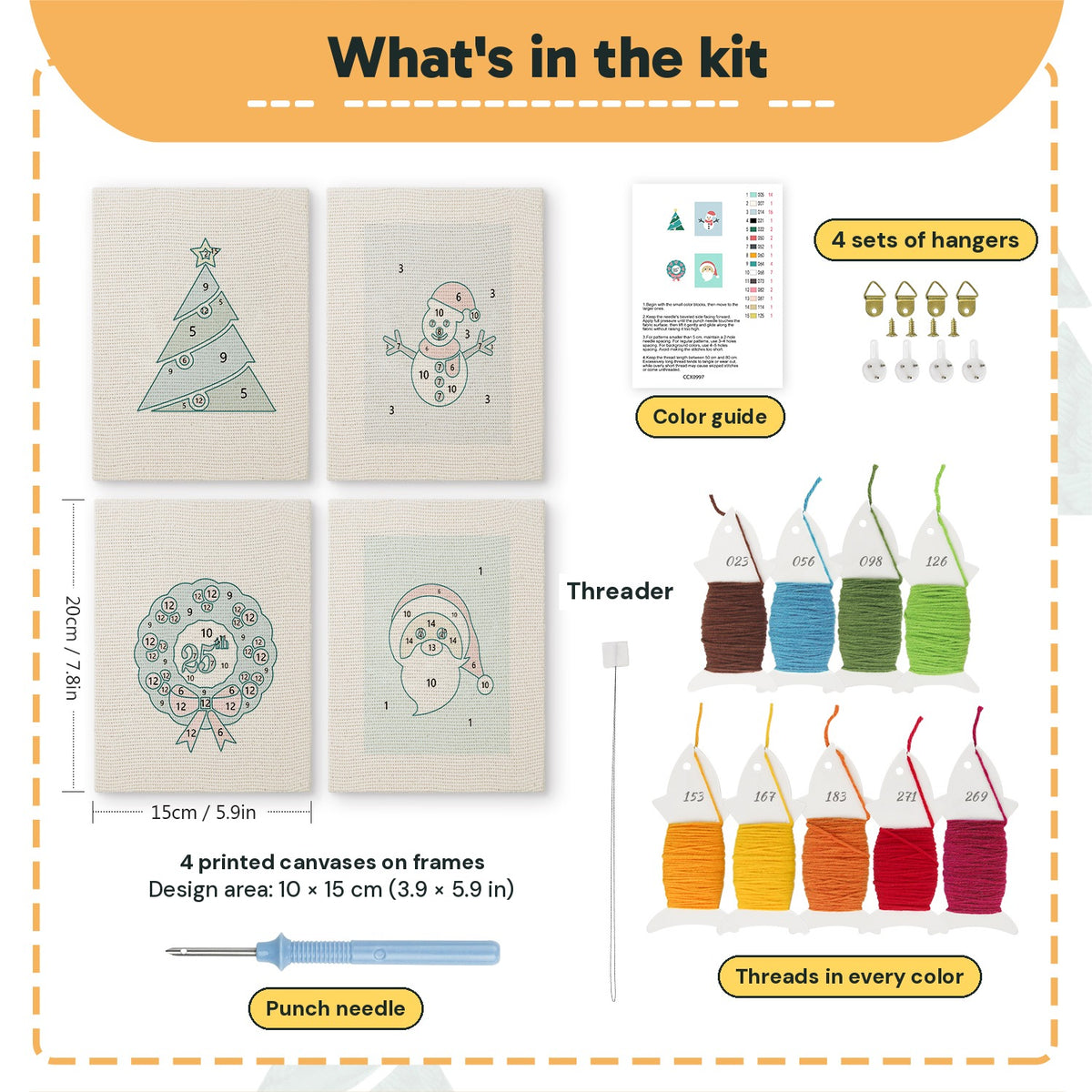 What is in the Snowman and Wreath set: 4 printed canvases, punch needle, threader, threads, color guide and 4 sets of hangers (6 × 8 in (15 × 20 cm) each)
