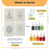 What is in the Snowman and Wreath set: 4 printed canvases, punch needle, threader, threads, color guide and 4 sets of hangers (6 × 8 in (15 × 20 cm) each)