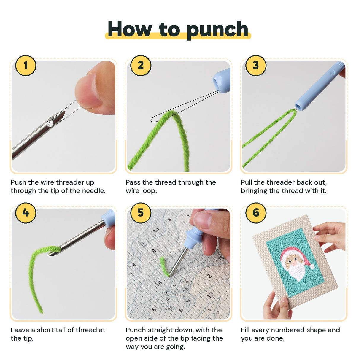 Six steps showing how to thread and use the punch needle
