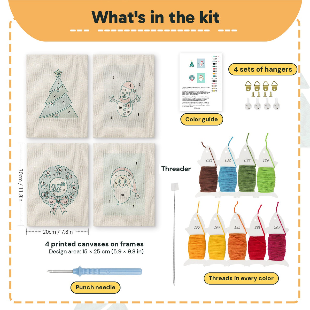 What is in the Snowman and Wreath set, 8 × 12 in (20 × 30 cm) each: 4 printed canvases, punch needle, threader, threads, color guide and 4 sets of hangers
