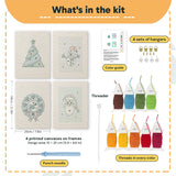 What is in the Snowman and Wreath set, 8 × 12 in (20 × 30 cm) each: 4 printed canvases, punch needle, threader, threads, color guide and 4 sets of hangers