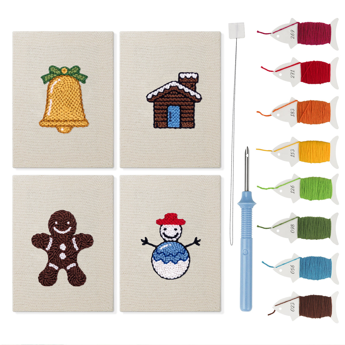 Snowy Cabin mini punch needle kit set: four finished canvases with threads, punch needle and threader