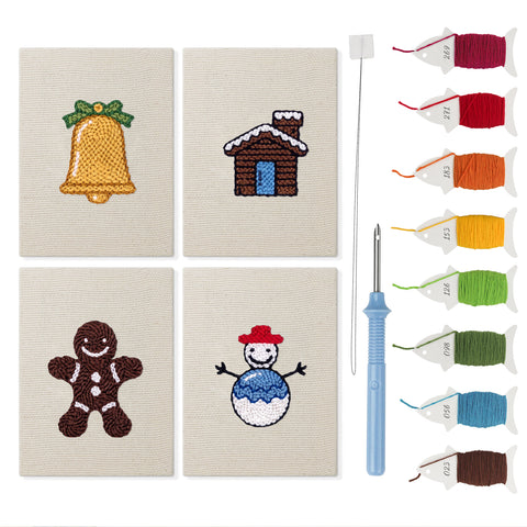 Snowy Cabin mini punch needle kit set: four finished canvases with threads, punch needle and threader
