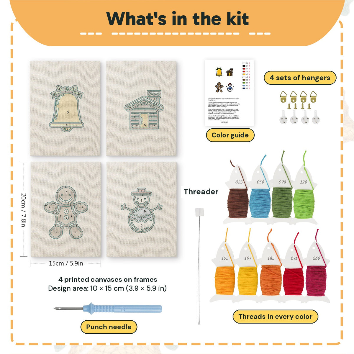 What is in the Snowy Cabin set: 4 printed canvases, punch needle, threader, threads, color guide and 4 sets of hangers (6 × 8 in (15 × 20 cm) each)
