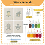 What is in the Snowy Cabin set: 4 printed canvases, punch needle, threader, threads, color guide and 4 sets of hangers (6 × 8 in (15 × 20 cm) each)