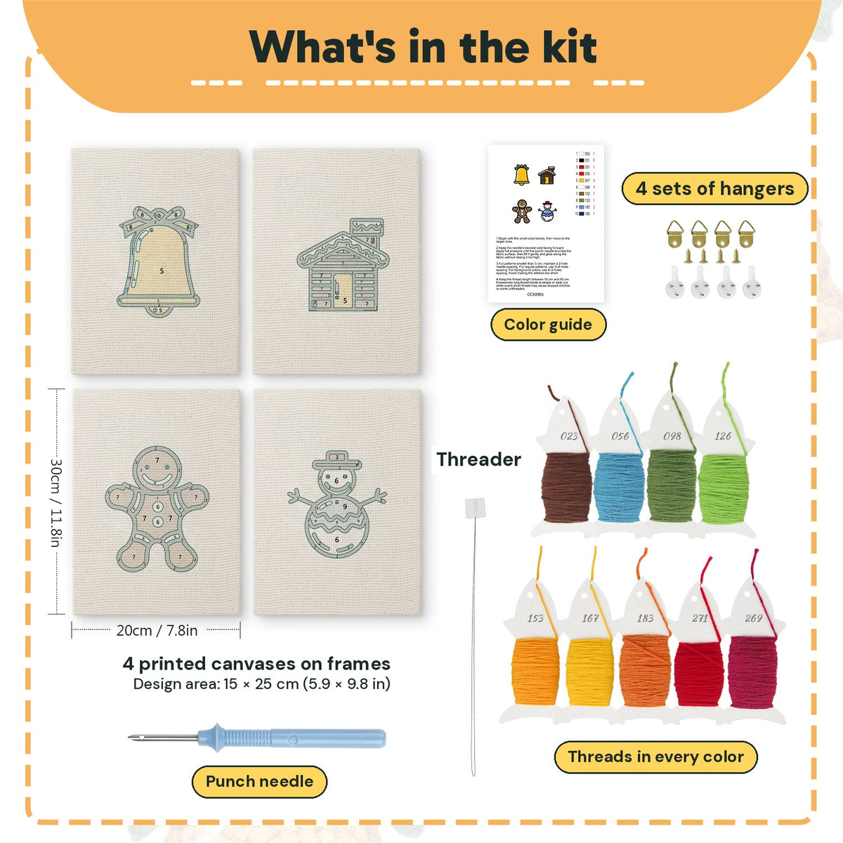 What is in the Snowy Cabin set, 8 × 12 in (20 × 30 cm) each: 4 printed canvases, punch needle, threader, threads, color guide and 4 sets of hangers