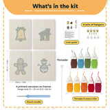 What is in the Snowy Cabin set, 8 × 12 in (20 × 30 cm) each: 4 printed canvases, punch needle, threader, threads, color guide and 4 sets of hangers