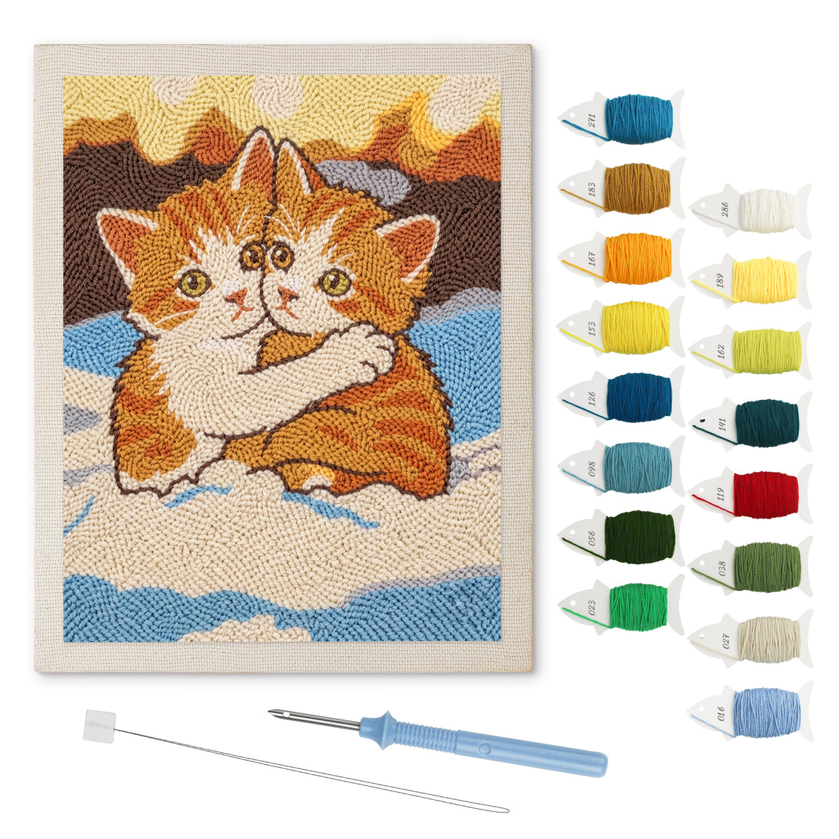 Snowy Ginger Cuddle punch needle kit: finished canvas with threads, punch needle and threader