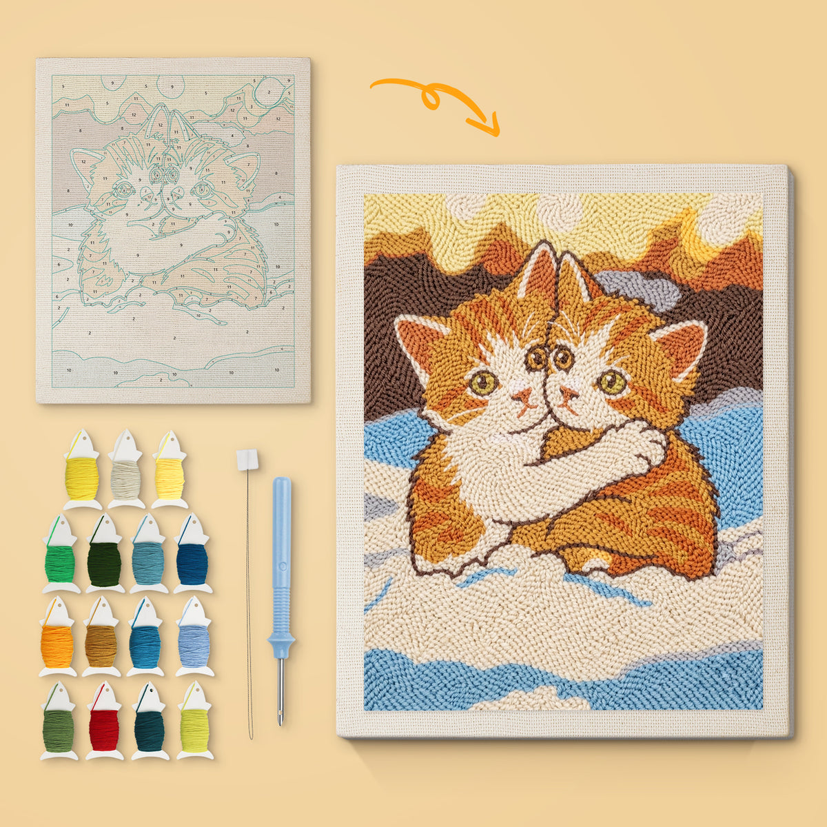 Snowy Ginger Cuddle canvas before and after punching, with the threads and tools