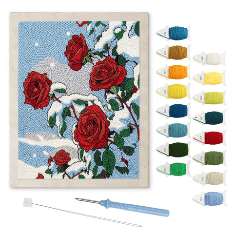 Snowy Red Roses punch needle kit: finished canvas with threads, punch needle and threader