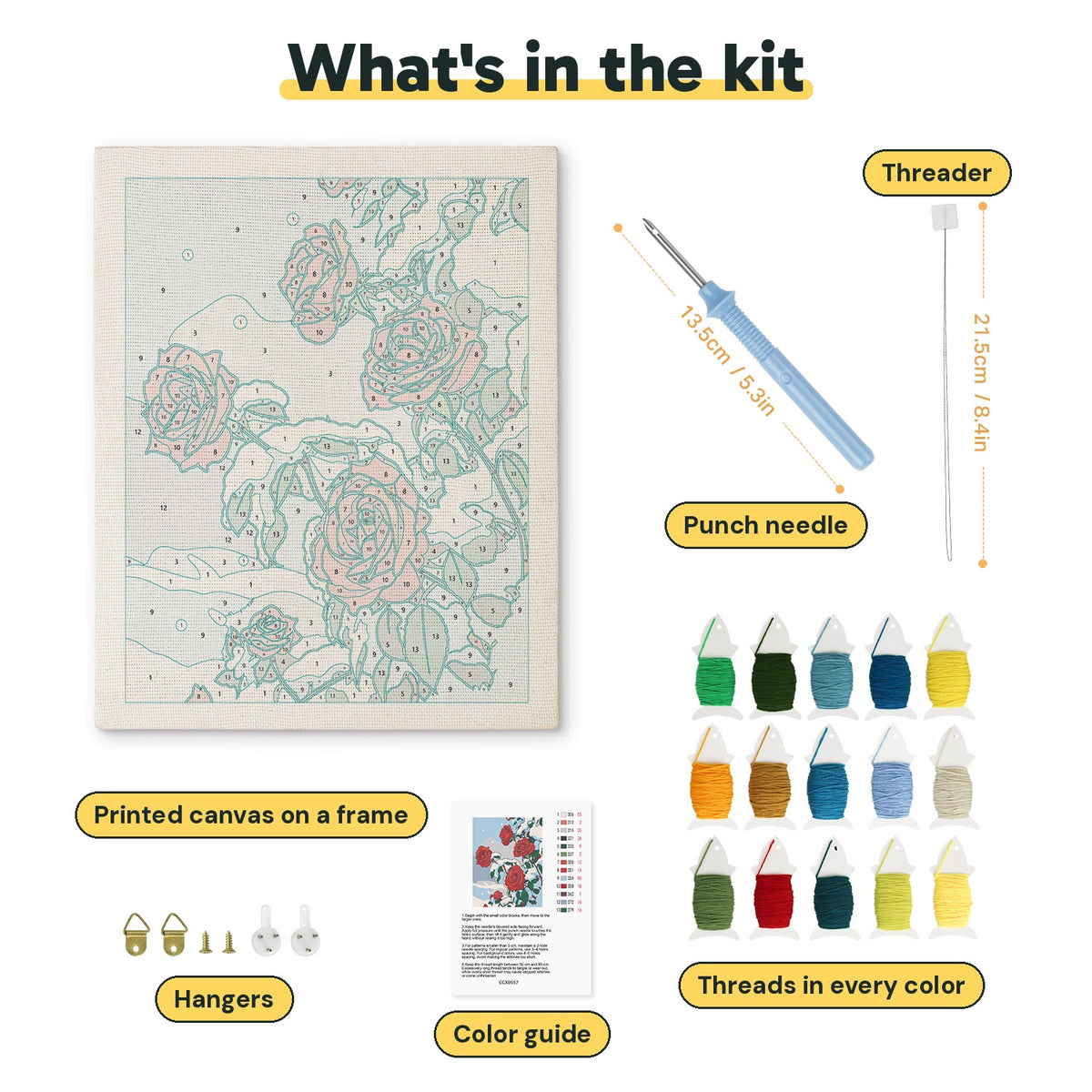 What is in the Snowy Red Roses kit: printed canvas, punch needle, threader, threads, color guide and hangers