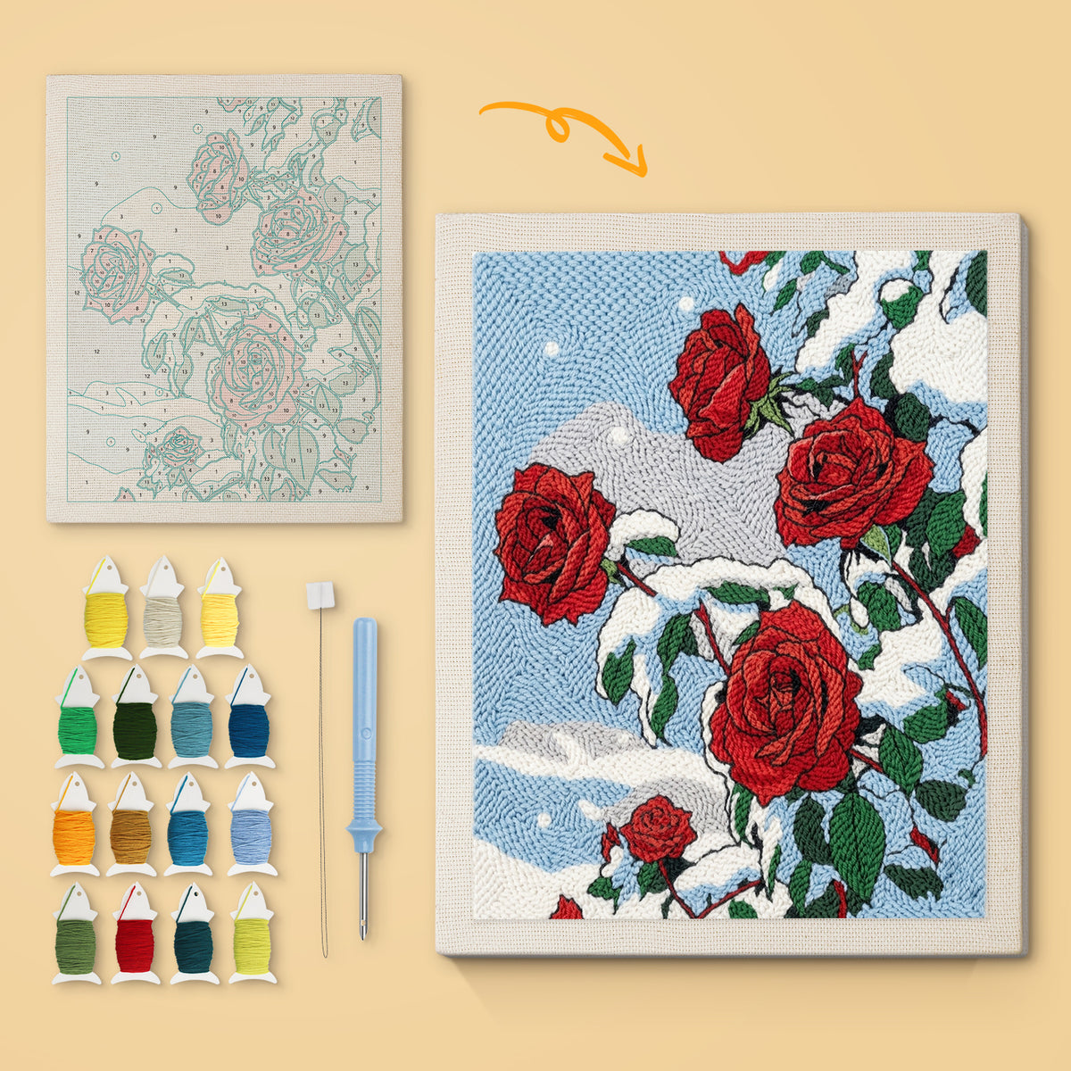 Snowy Red Roses canvas before and after punching, with the threads and tools