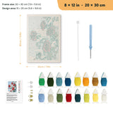 Snowy Red Roses punch needle kit, 8 × 12 in (20 × 30 cm): canvas size and kit contents