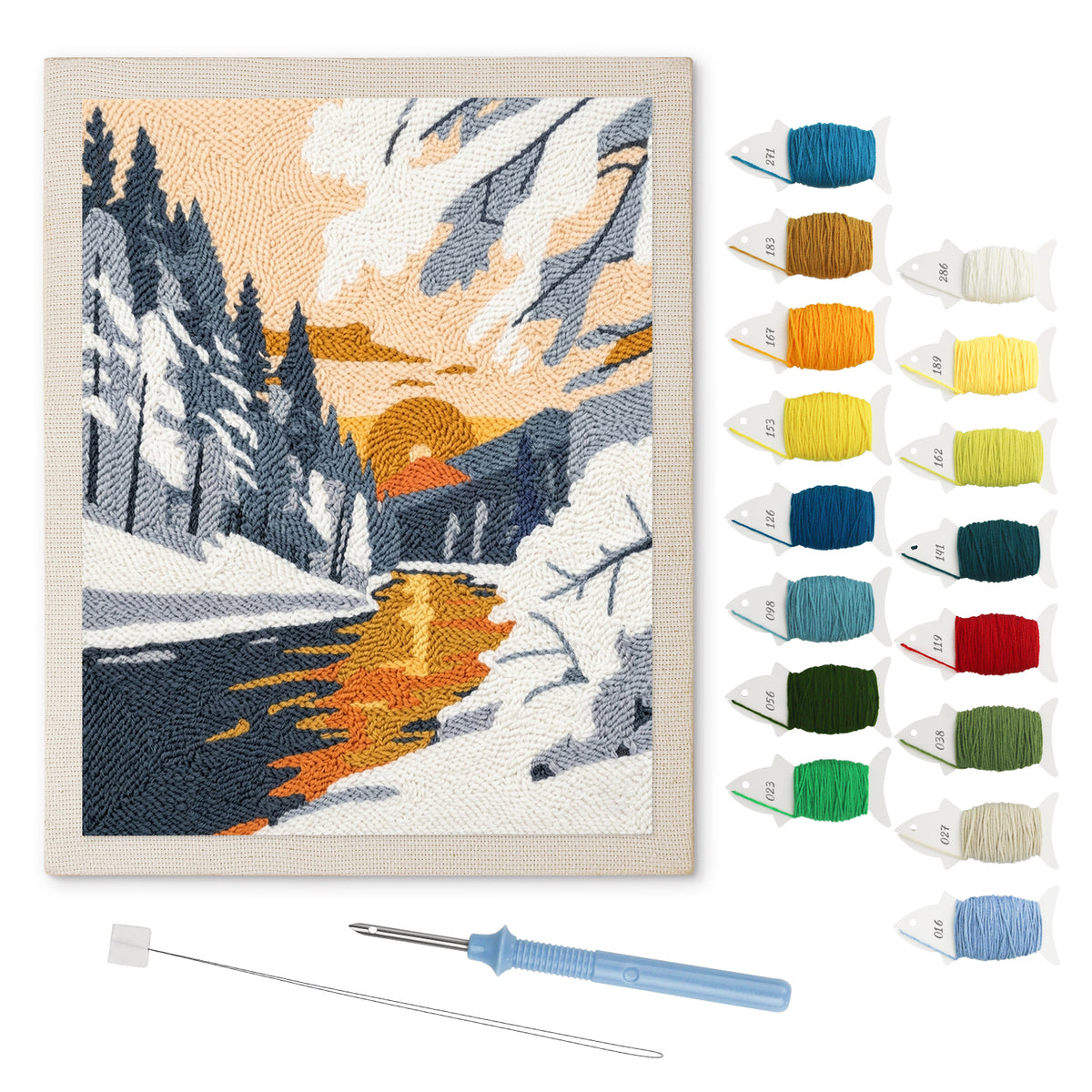 Snowy River Sunset punch needle kit: finished canvas with threads, punch needle and threader