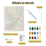 What is in the Snowy River Sunset kit: printed canvas, punch needle, threader, threads, color guide and hangers