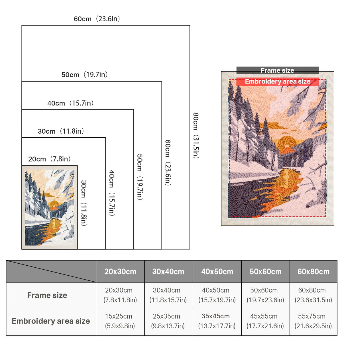 Size chart for punch needle kits from 20 x 30 cm to 60 x 80 cm