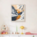 Finished Snowy River Sunset punch needle canvas on a wall