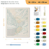 Snowy River Sunset punch needle kit, 16 × 20 in (40 × 50 cm): canvas size and kit contents