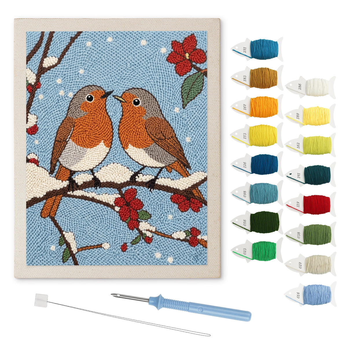 Snowy Robin Pair punch needle kit: finished canvas with threads, punch needle and threader