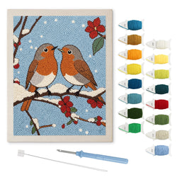 Snowy Robin Pair punch needle kit: finished canvas with threads, punch needle and threader