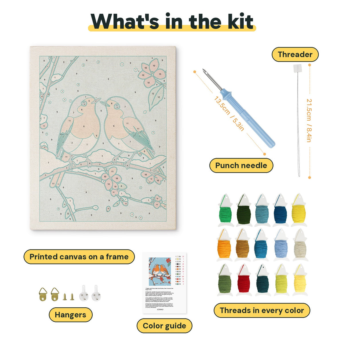 What is in the Snowy Robin Pair kit: printed canvas, punch needle, threader, threads, color guide and hangers