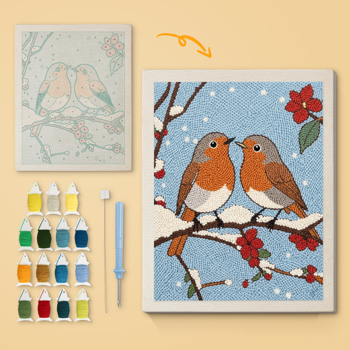 Snowy Robin Pair canvas before and after punching, with the threads and tools