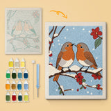 Snowy Robin Pair canvas before and after punching, with the threads and tools