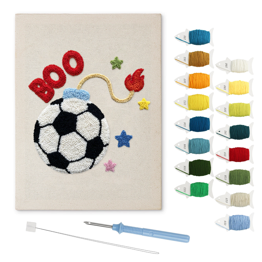 Soccer Ball Fuse punch needle kit: finished canvas with threads, punch needle and threader