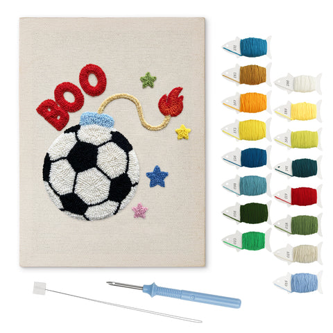 Soccer Ball Fuse punch needle kit: finished canvas with threads, punch needle and threader